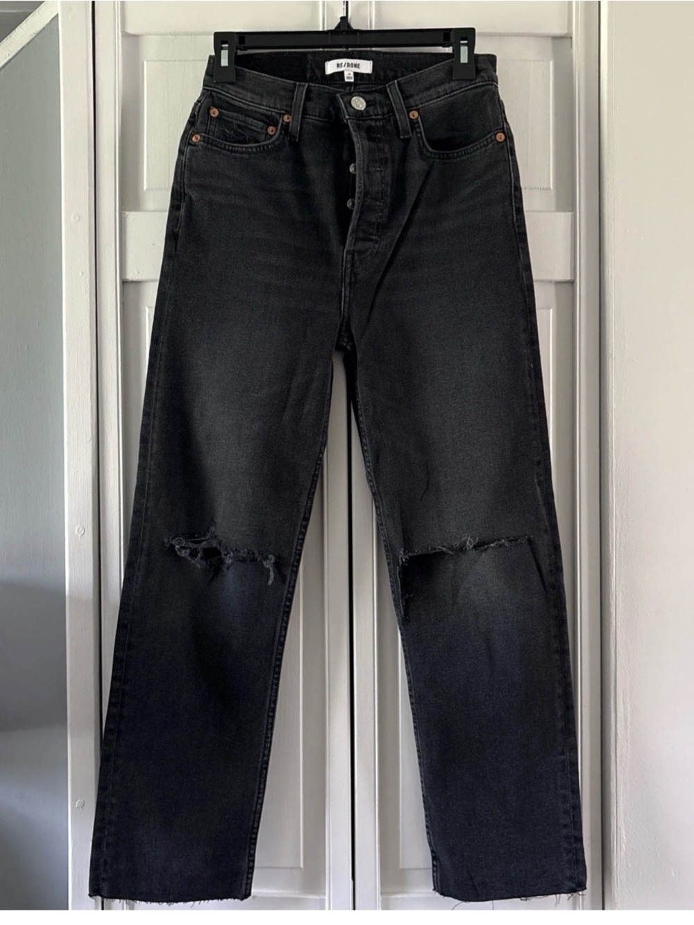 Re/Done Womens Straight Leg Jeans High Rise Frayed Hem Black Denim Size 27